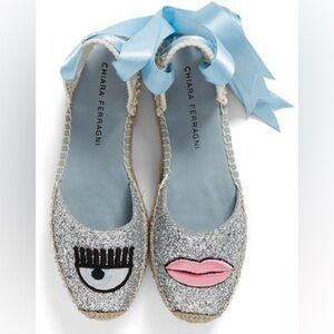 Chiara Ferragni Silver Espadrilles w Glitter Finish & Blue Ribbon Ties Size 40